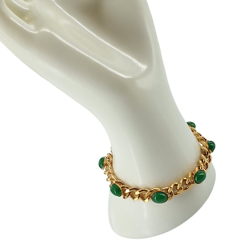 Vintage Gold Tone Curb Chain Bracelet Green Oval Cabochon Faux Jade 7.5"